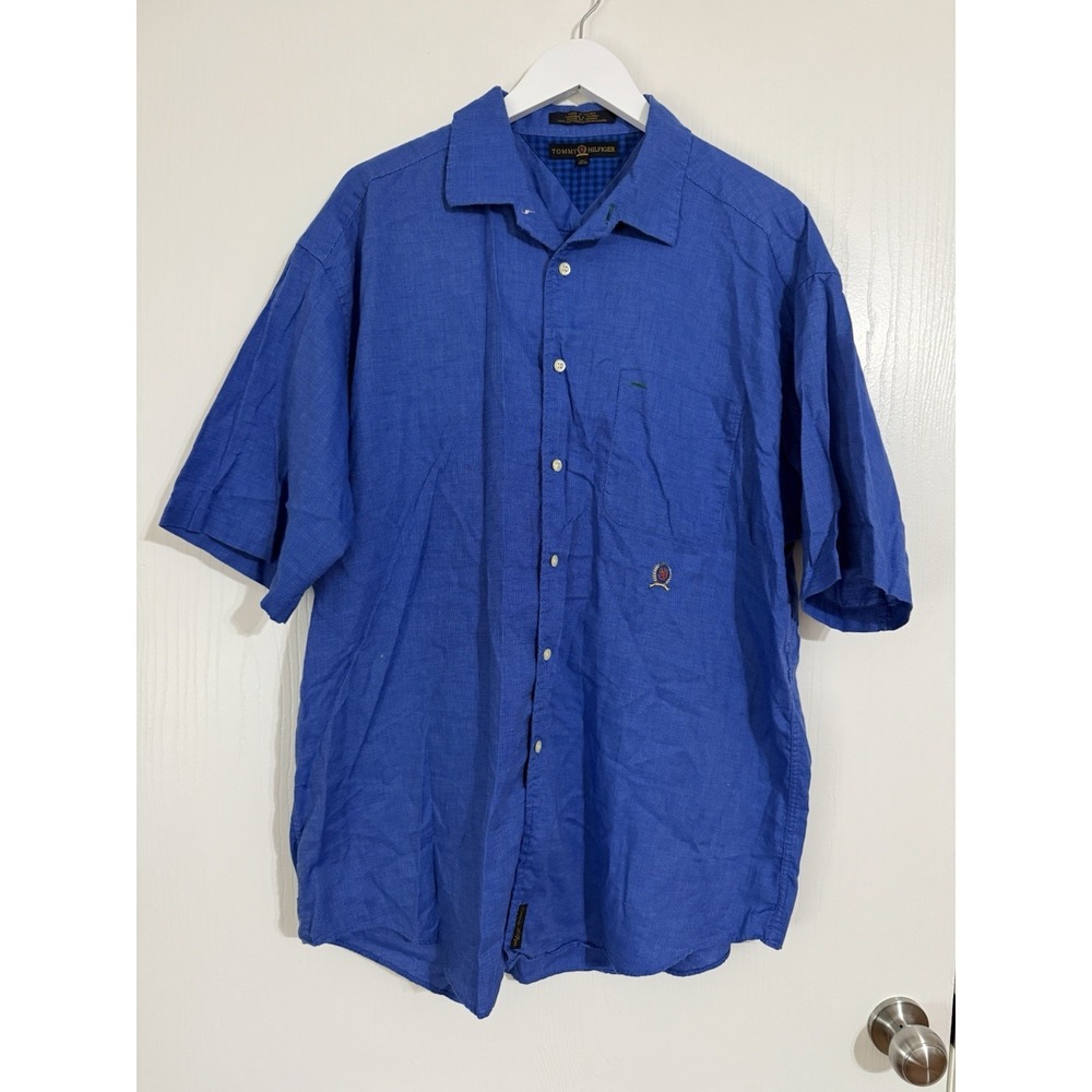 Men's Size XL Tommmy Hilfiger Blue Plaid Button Down Shirt Short Sleeves Cotton